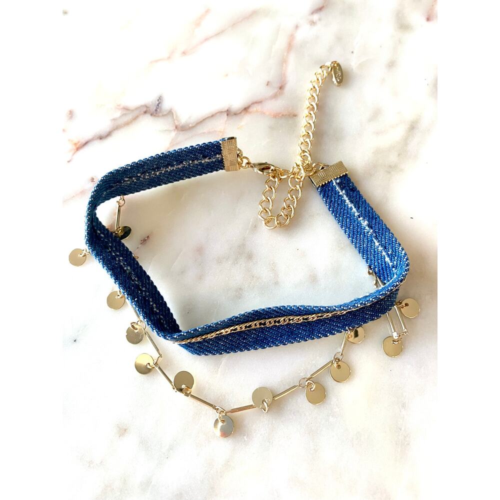 Ettika Revolve Denim & Gold Disc Chain Choker Necklace